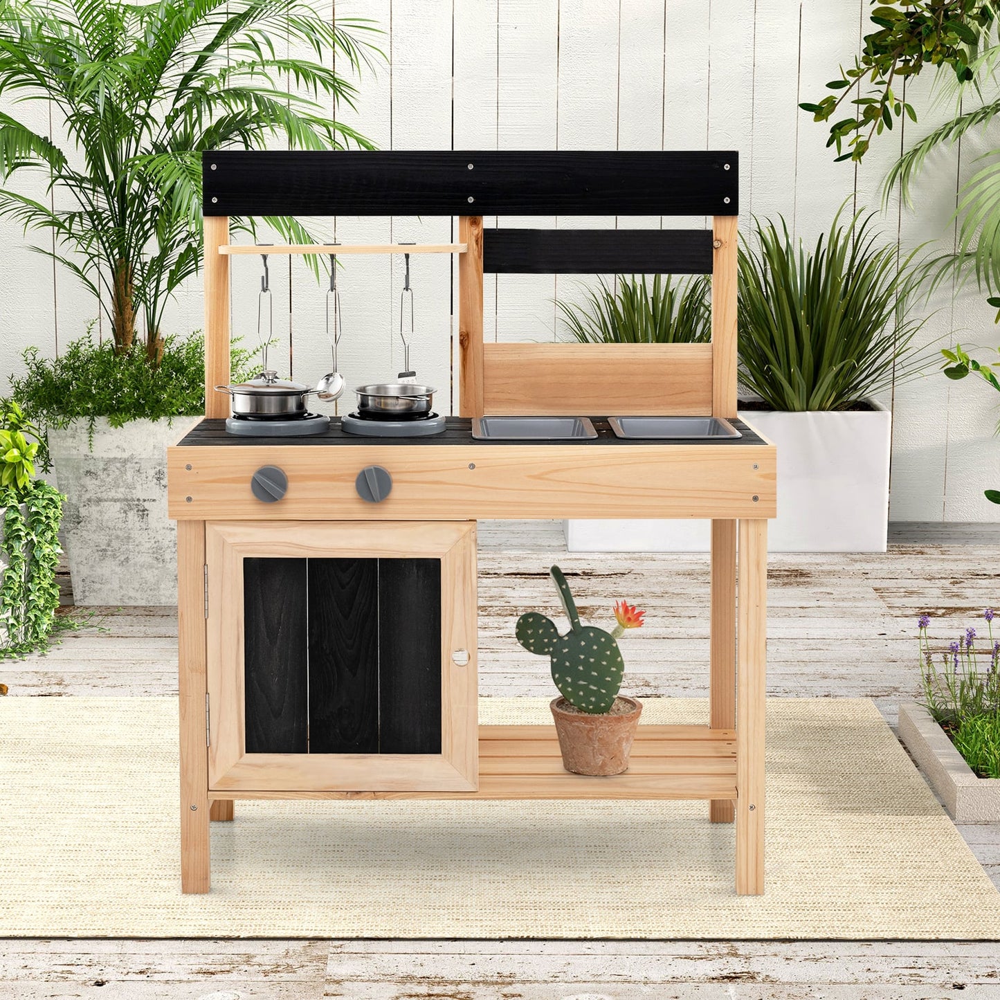 Outdoor Kids Pretend Play Kitchen with 2 Removable Sinks-Natural