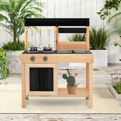 Outdoor Kids Pretend Play Kitchen with 2 Removable Sinks-Natural