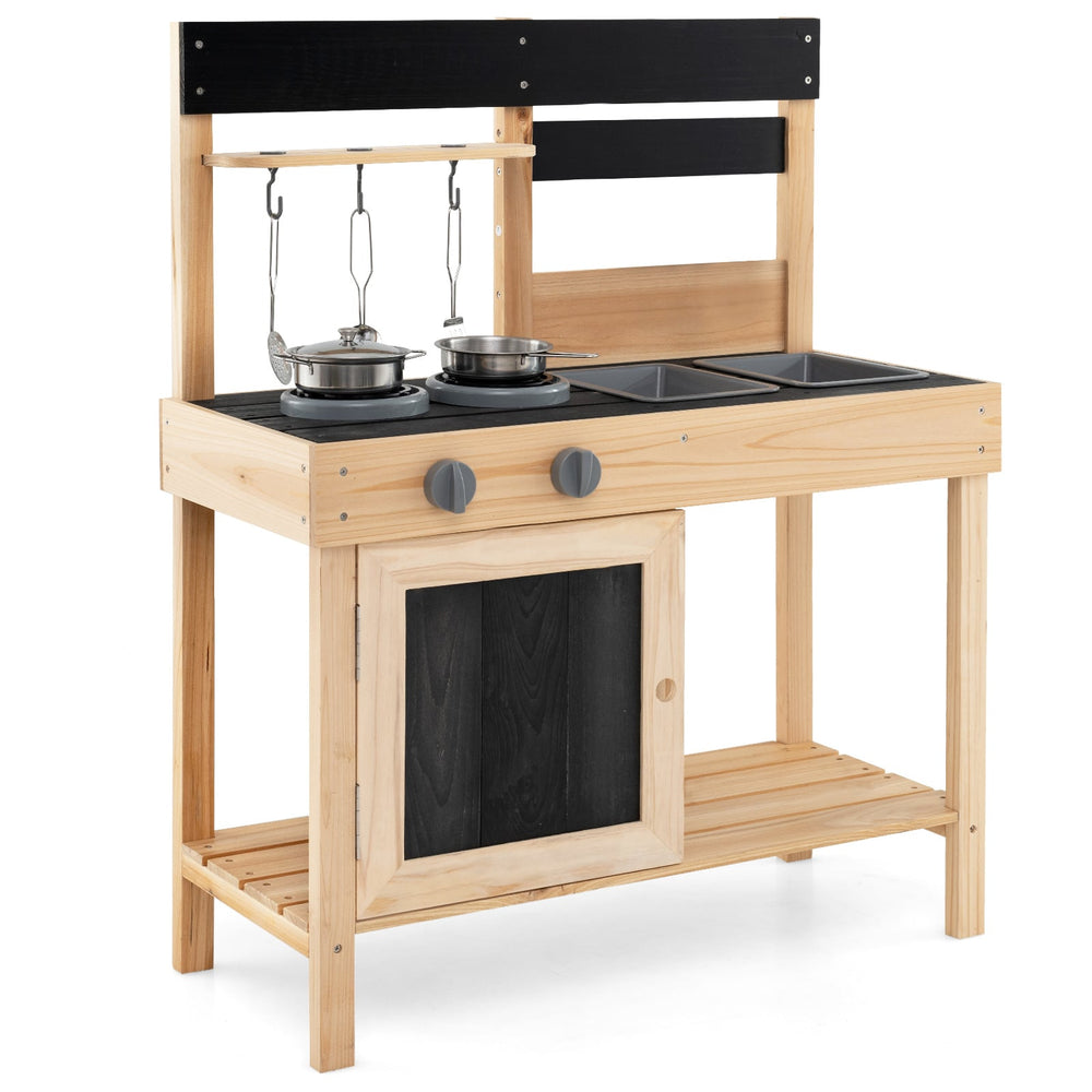 Outdoor Kids Pretend Play Kitchen with 2 Removable Sinks-Natural
