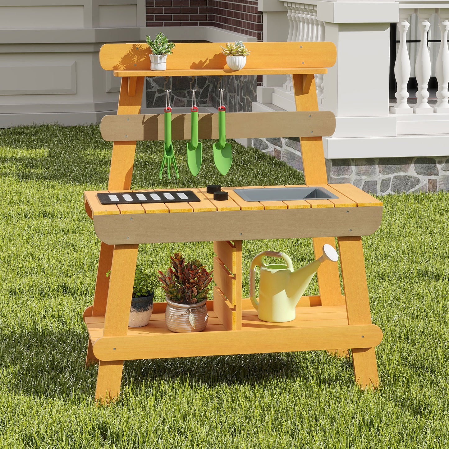 Outdoor Mud Kitchen for Kids Toddler Wood Pretend Play Kitchen-Yellow