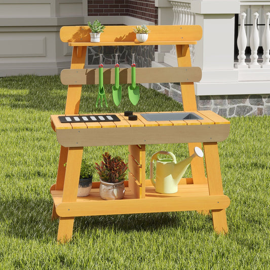 Outdoor Mud Kitchen for Kids Toddler Wood Pretend Play Kitchen-Yellow