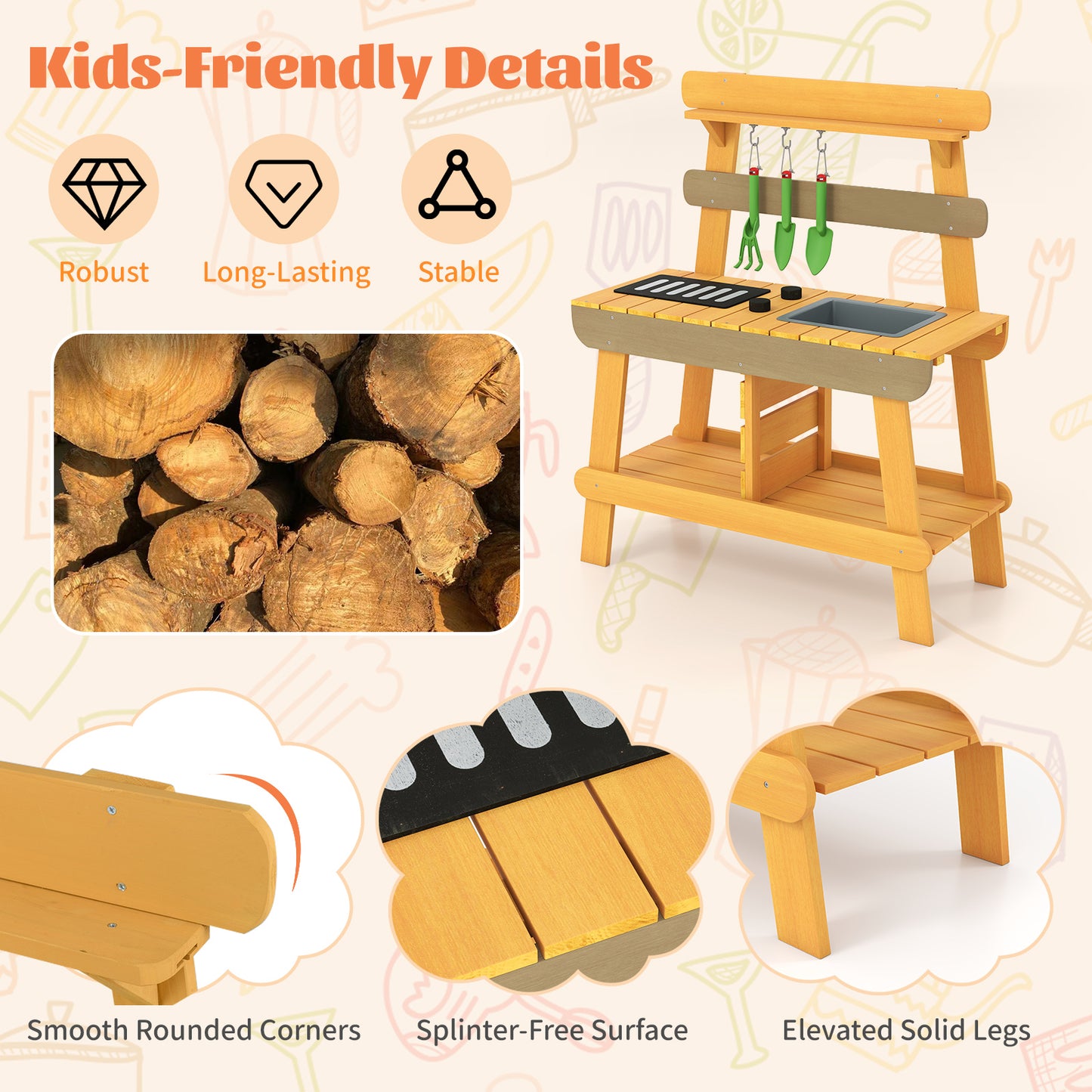 Outdoor Mud Kitchen for Kids Toddler Wood Pretend Play Kitchen-Yellow