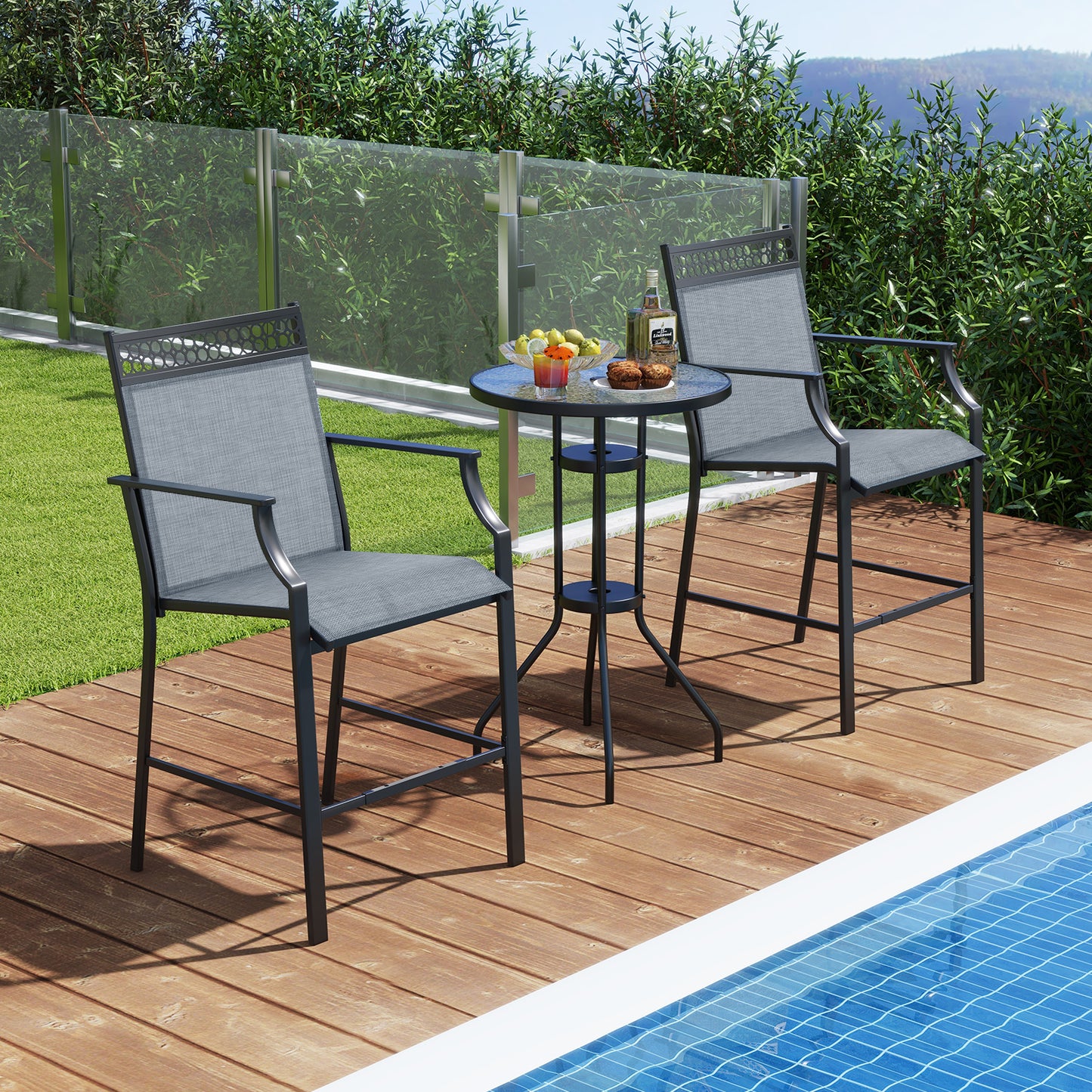 Outdoor Patio Chair Set of 2 with Footrest and High Back and Armrests-Blue
