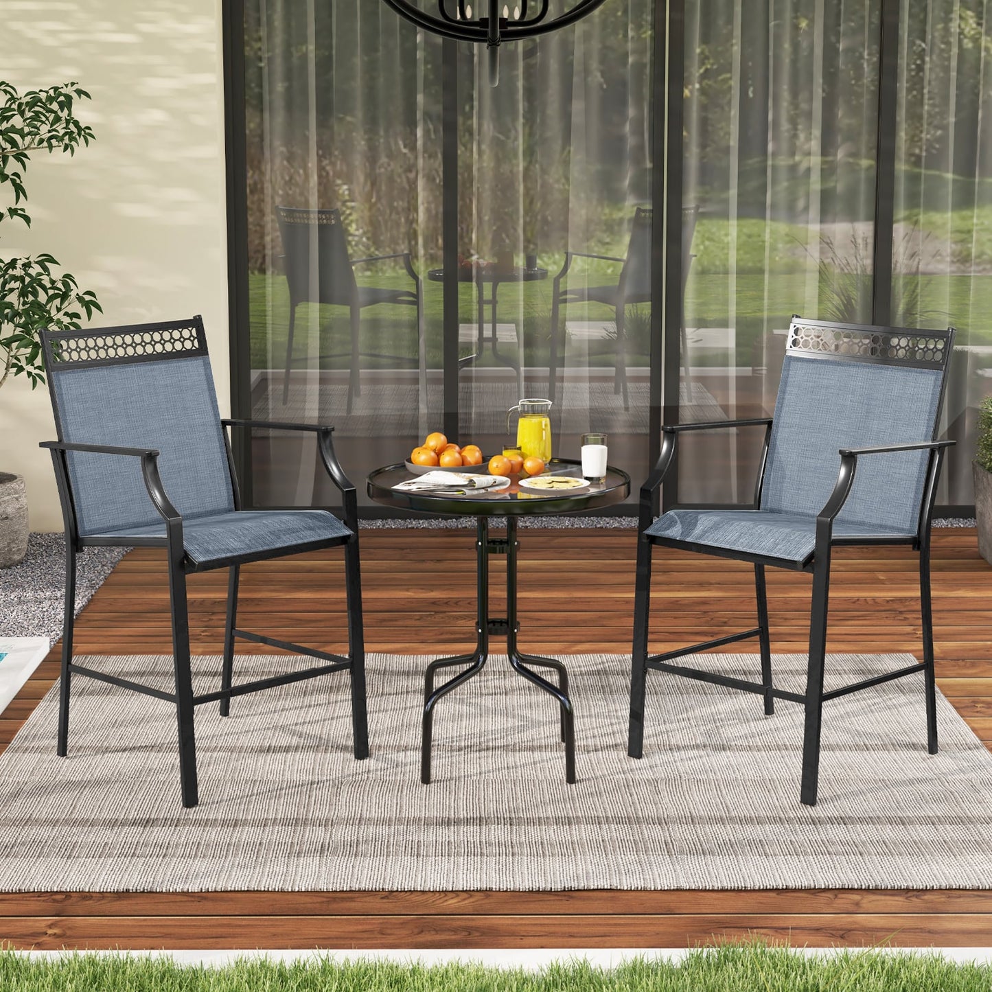 Outdoor Patio Chair Set of 2 with Footrest and High Back and Armrests-Blue