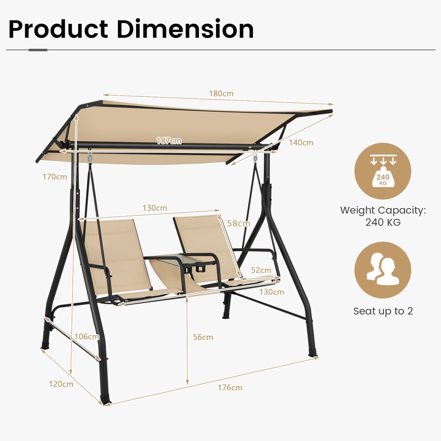 2 Person Outdoor Patio Swing with Adjustable Canopy for Garden Porch Backyard-Beige