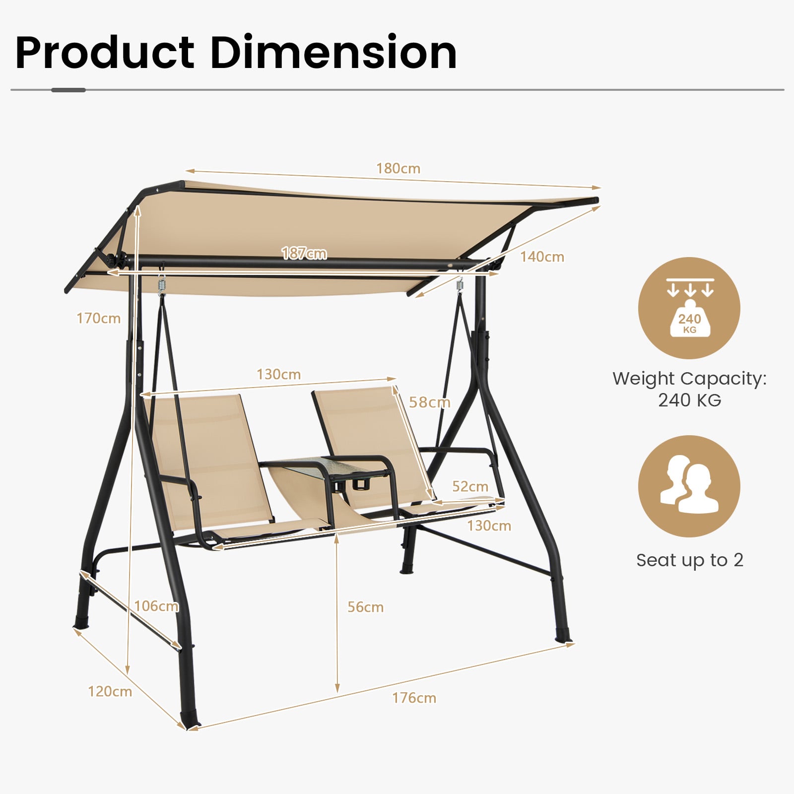 2 Person Outdoor Patio Swing with Adjustable Canopy for Garden Porch Backyard-Beige