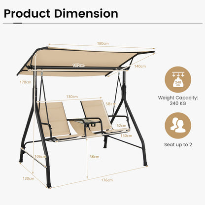2 Person Outdoor Patio Swing with Adjustable Canopy for Garden Porch Backyard-Beige