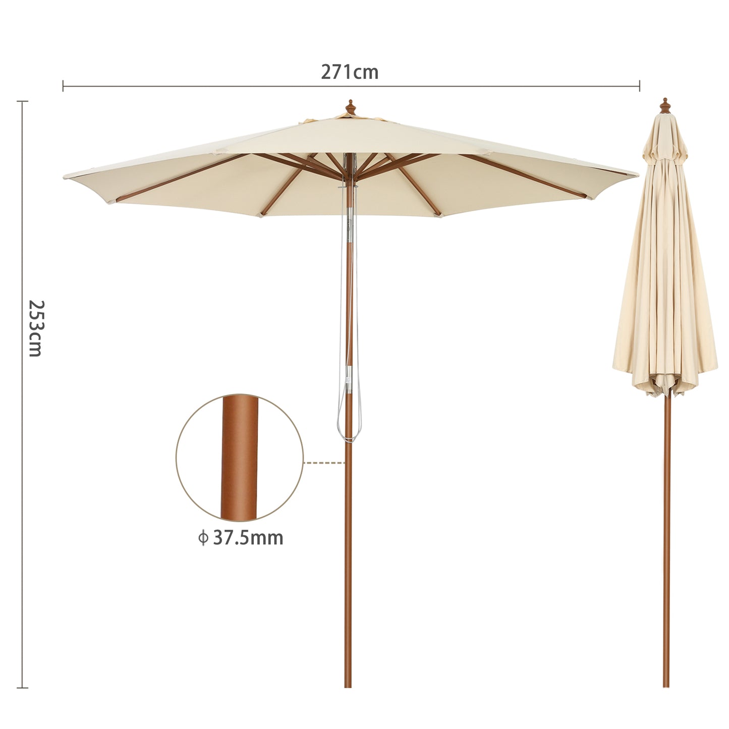 2.7/3m Wooden Patio Parasol Sun Shade Umbrella with 8 Ribs-2.7 m