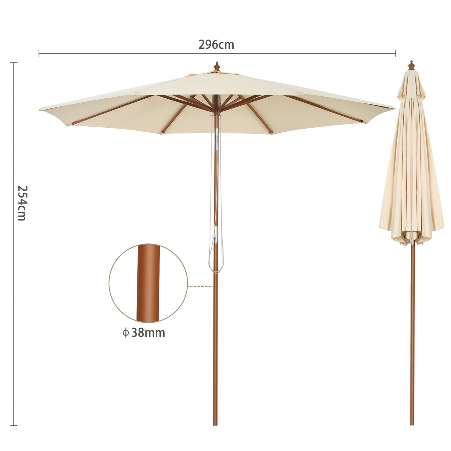 2.7/3m Wooden Patio Parasol Sun Shade Umbrella with 8 Ribs-3 m