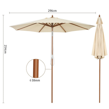 2.7/3m Wooden Patio Parasol Sun Shade Umbrella with 8 Ribs-3 m