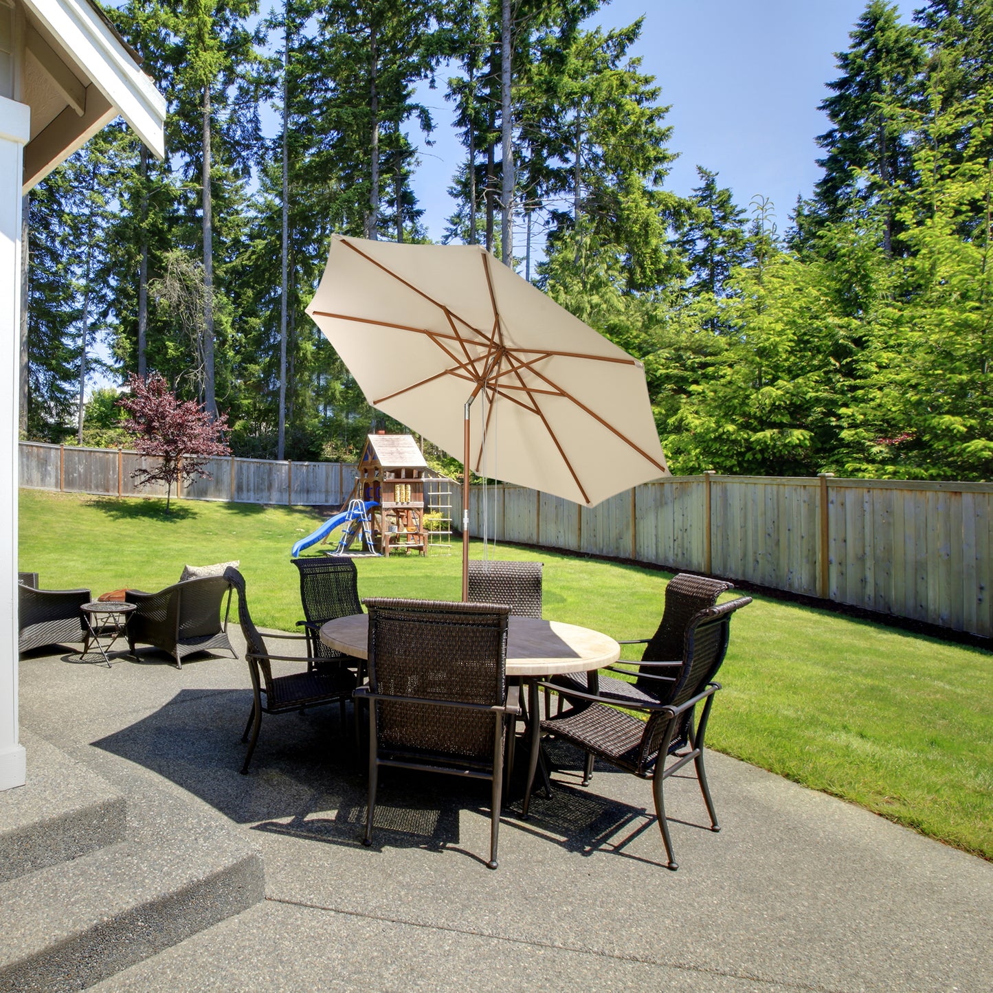 2.7/3m Wooden Patio Parasol Sun Shade Umbrella with 8 Ribs-3 m
