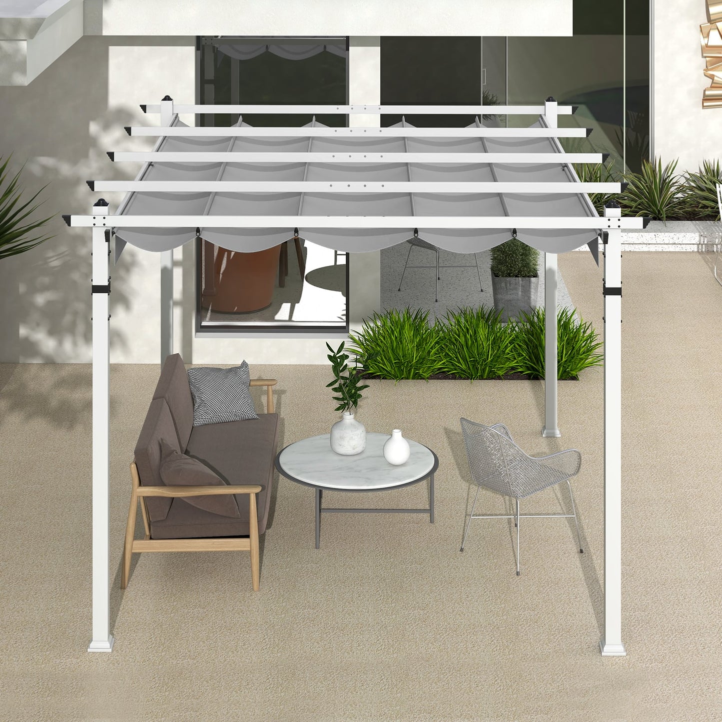 Outdoor Pergola with Retractable Canopy Aluminum Frame Anchors-Grey