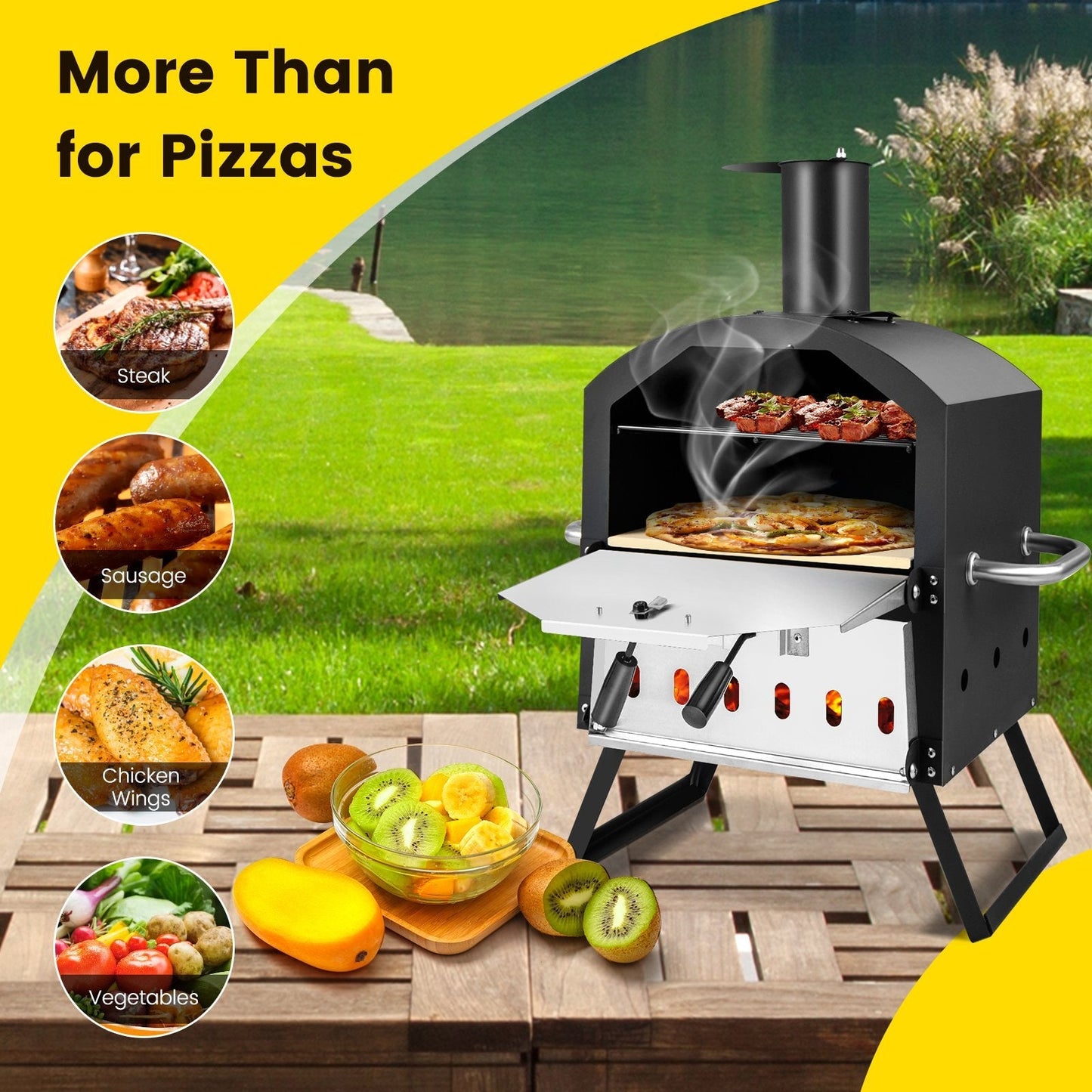 Outdoor Pizza Oven with Waterproof Cover and Anti-scalding Handles-Black