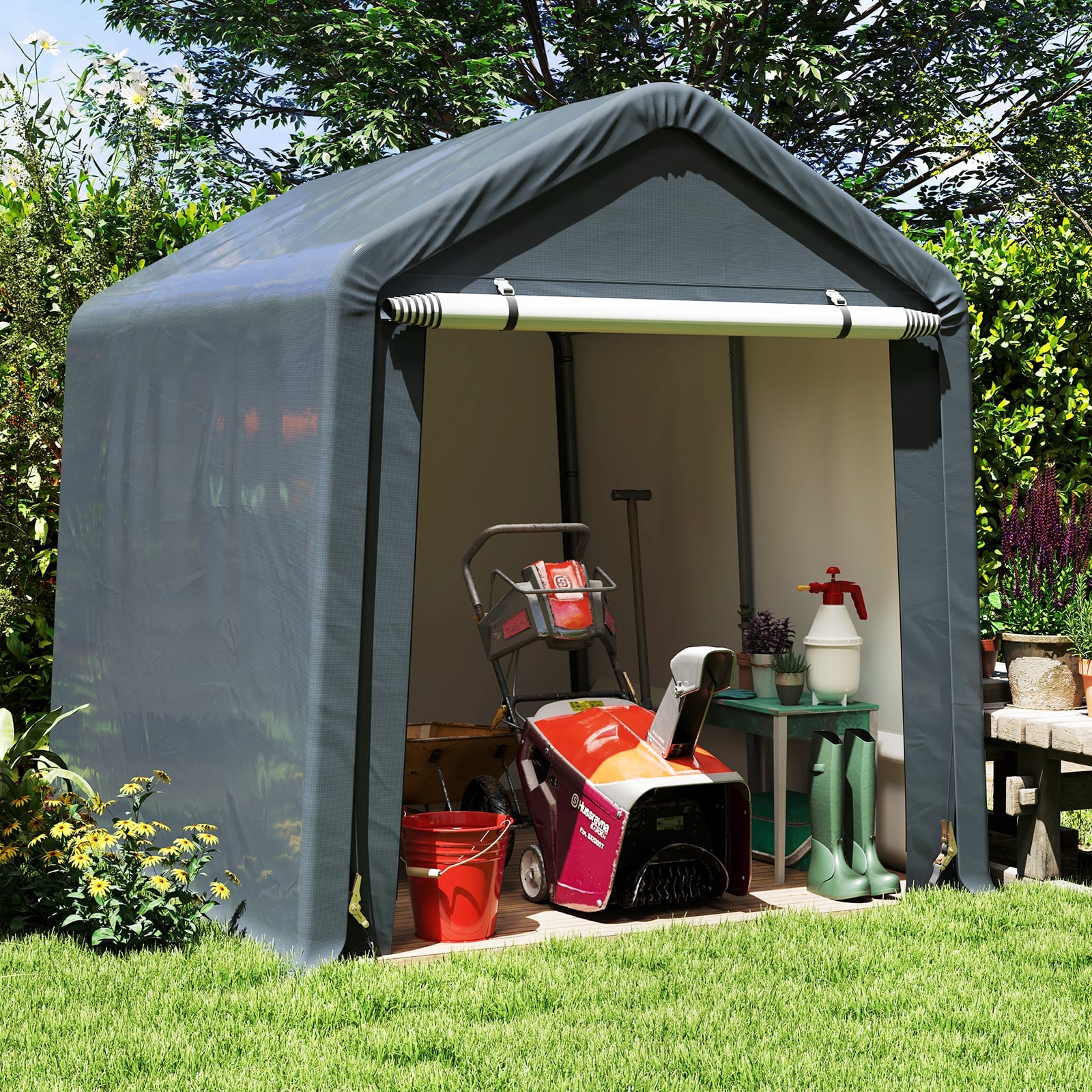 Outdoor Portable Storage Shelter with Roll up Zipper Door-Grey