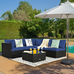 6 Piece Outdoor Rattan Sofa Set with Soft Seat and Back Cushions-Navy