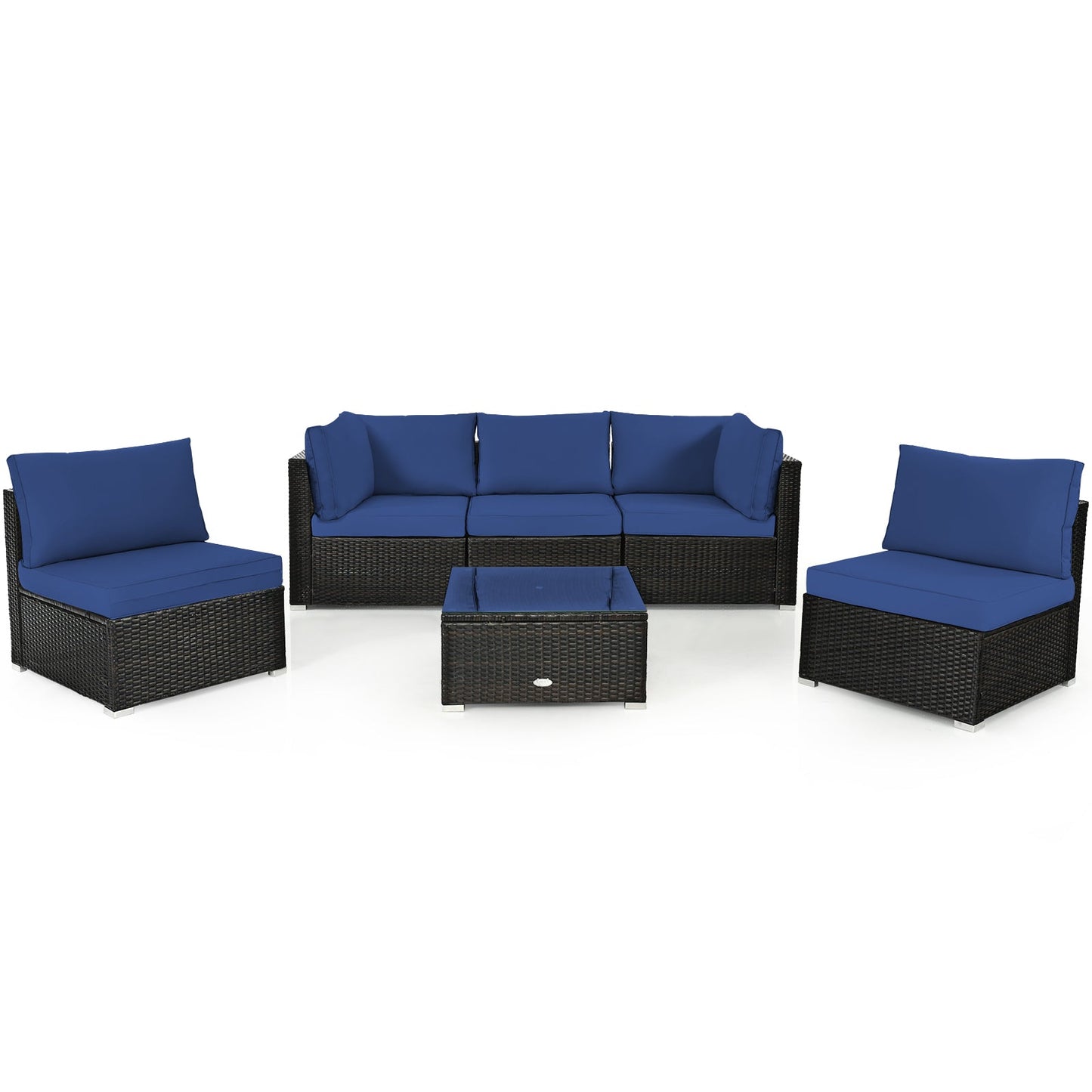 6 Piece Outdoor Rattan Sofa Set with Soft Seat and Back Cushions-Navy