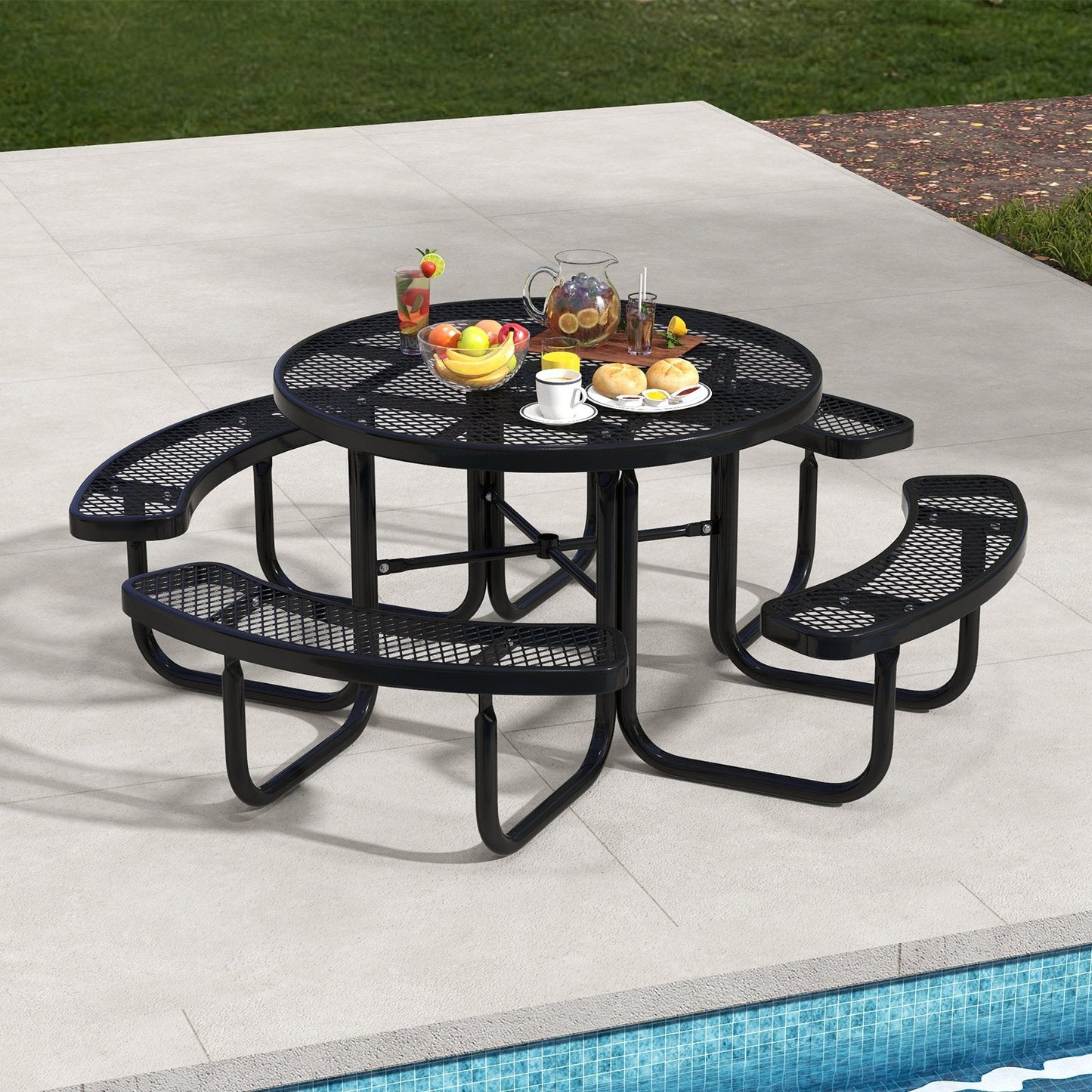 Outdoor Round Picnic Table and Bench Set for 8 with Seats and Umbrella Hole-Black