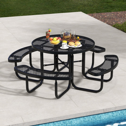 Outdoor Round Picnic Table and Bench Set for 8 with Seats and Umbrella Hole-Black