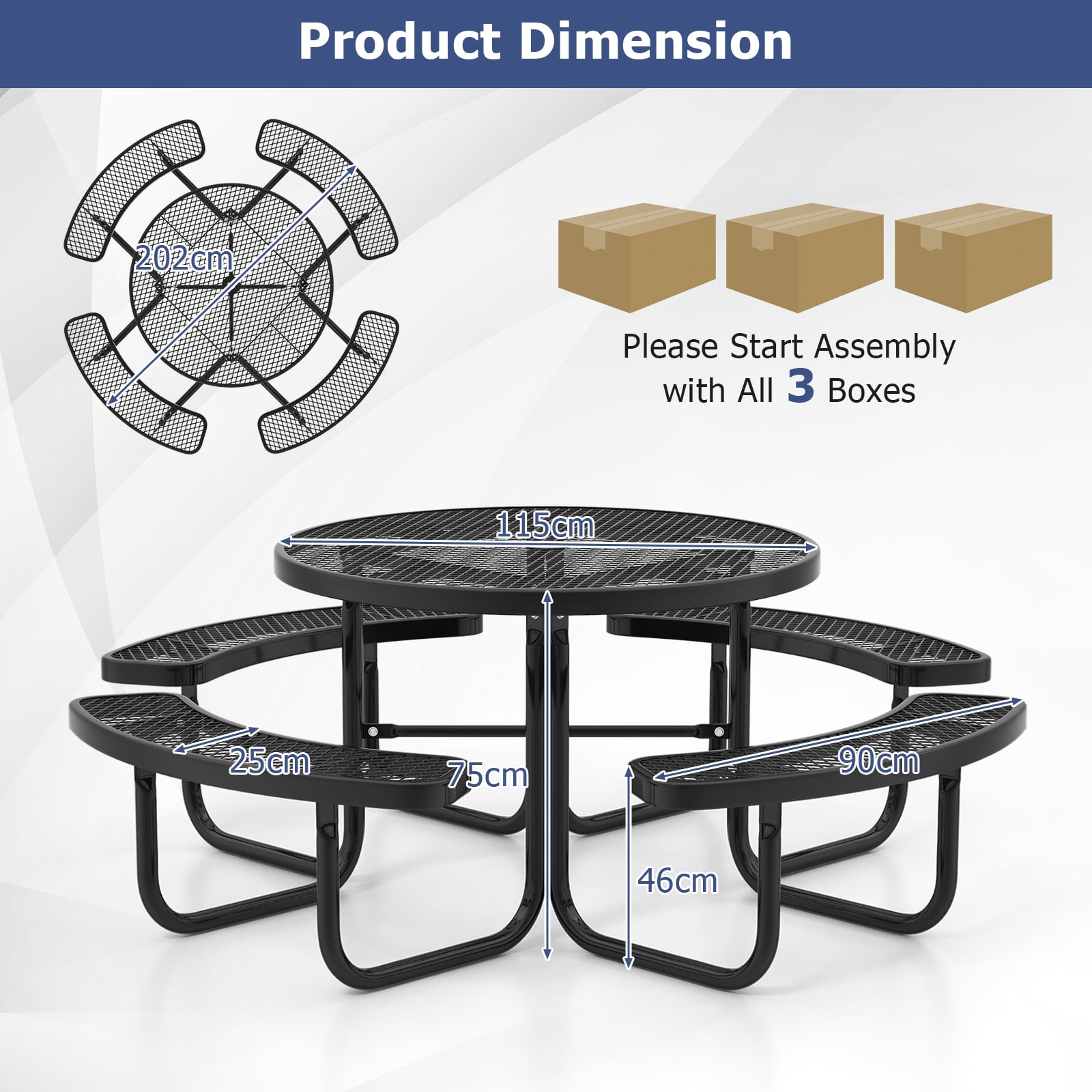 Outdoor Round Picnic Table and Bench Set for 8 with Seats and Umbrella Hole-Black