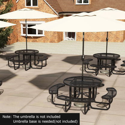 Outdoor Round Picnic Table and Bench Set for 8 with Seats and Umbrella Hole-Black