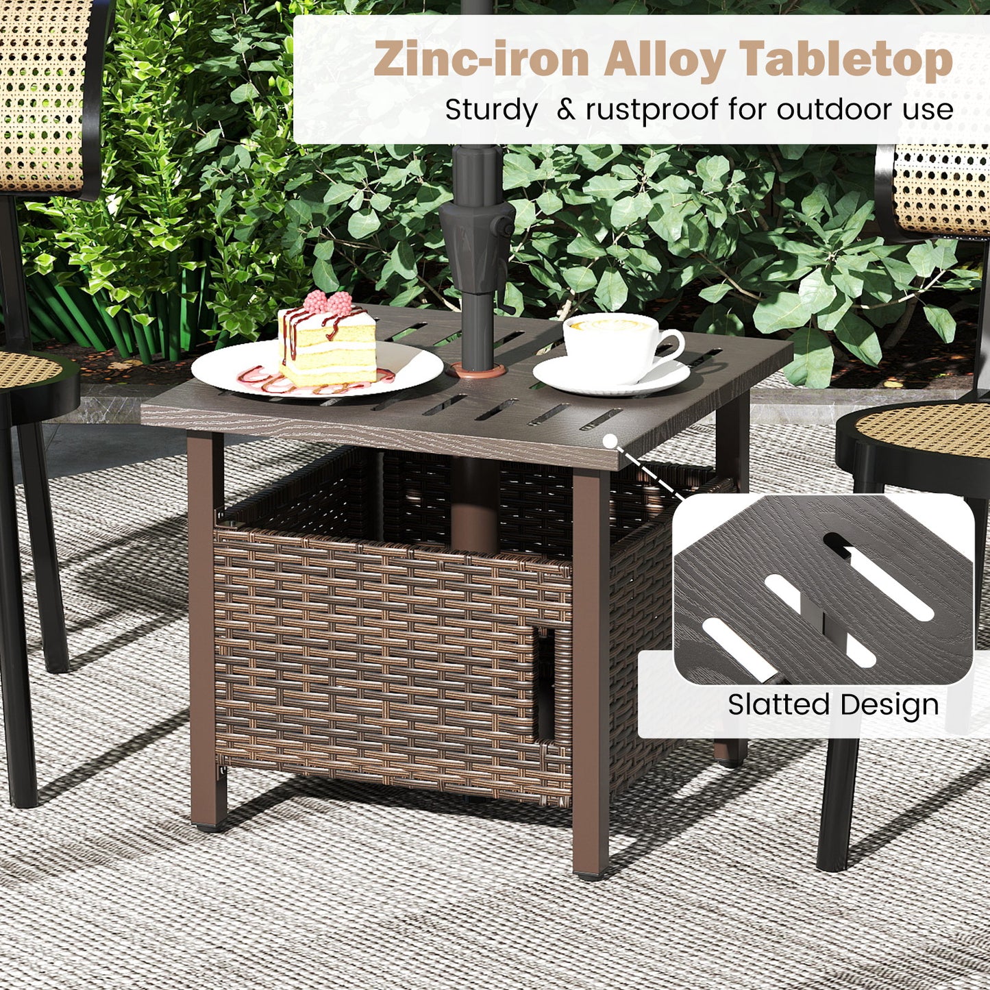 Outdoor Side Table with 2 Weighted Sand Bags and 4.9cm Umbrella Hole-Brown