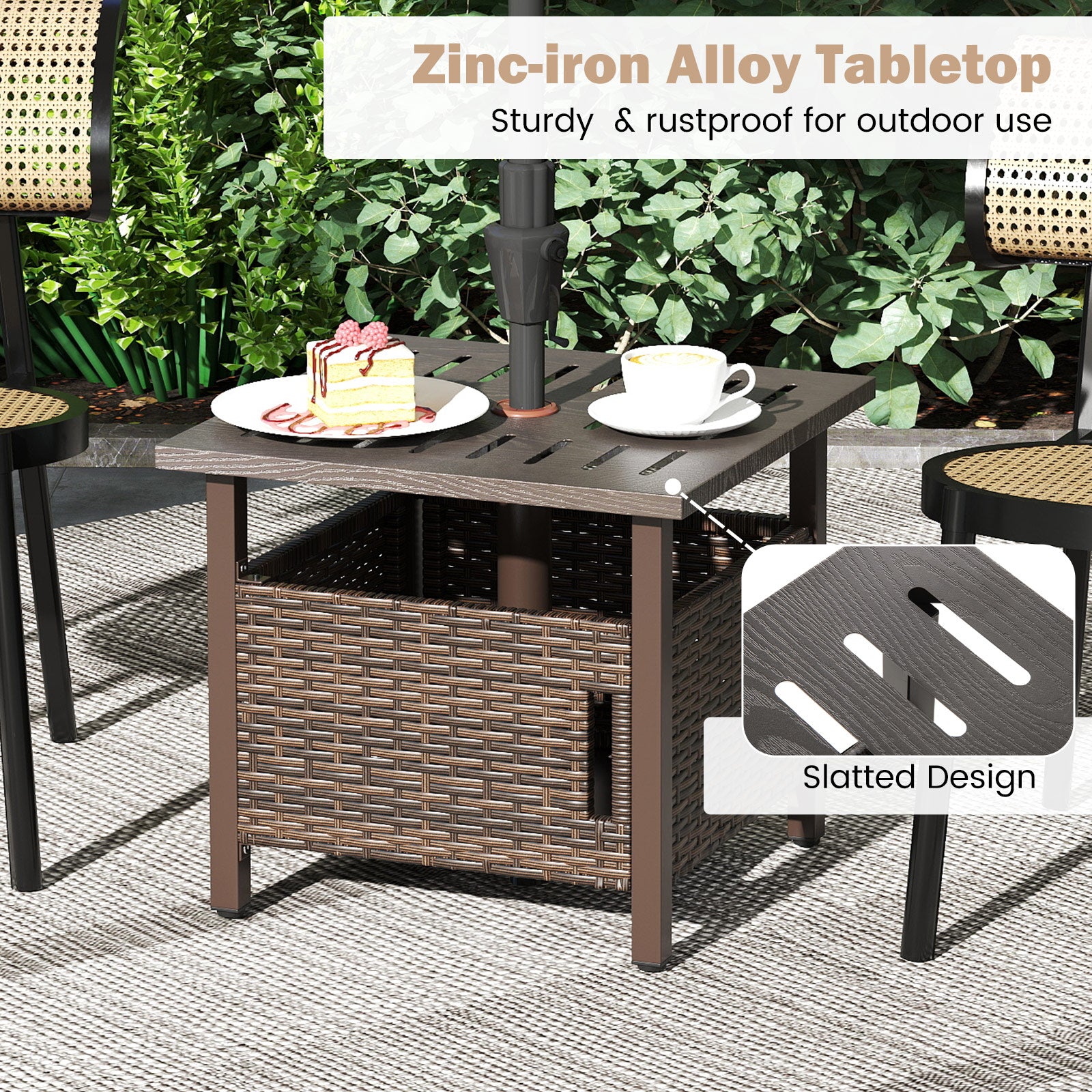 Outdoor Side Table with 2 Weighted Sand Bags and 4.9cm Umbrella Hole-Brown