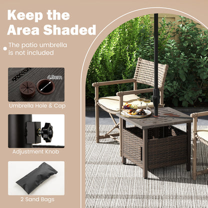 Outdoor Side Table with 2 Weighted Sand Bags and 4.9cm Umbrella Hole-Brown