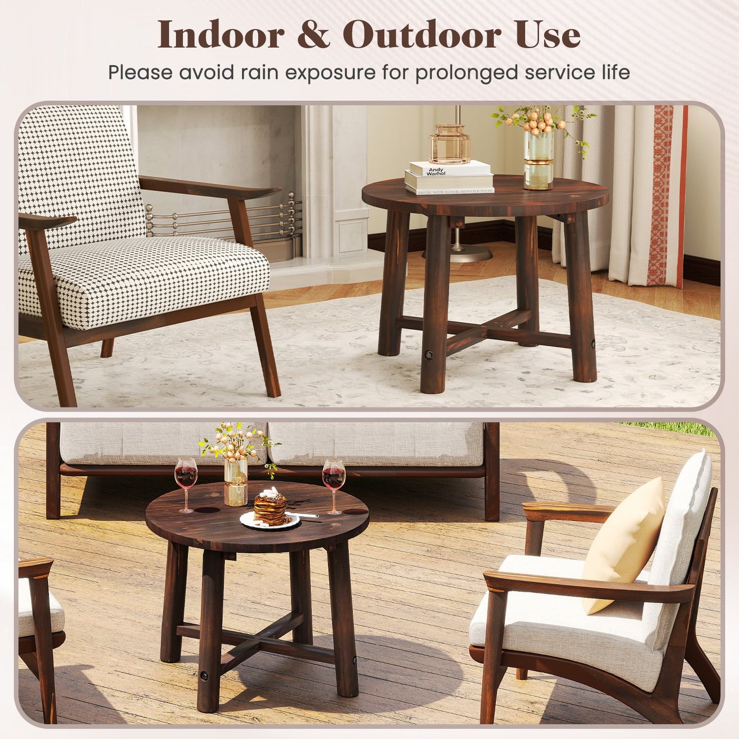 Outdoor Side Table Patio End Table with Solid Wood Structure Brown