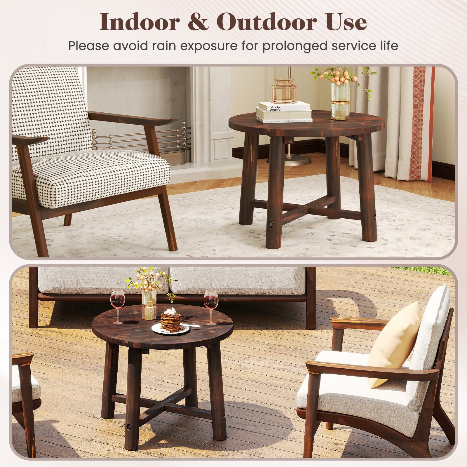 Outdoor Side Table Patio End Table with Solid Wood Structure Brown