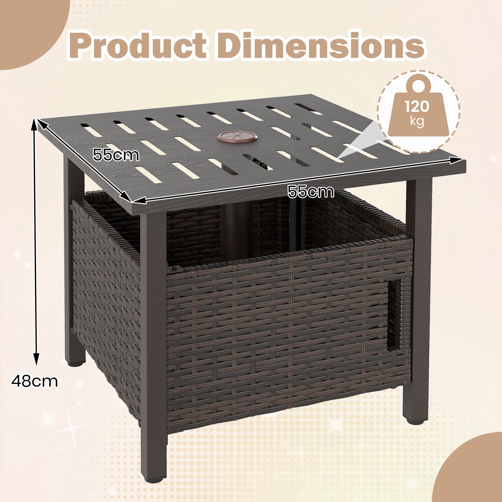 Outdoor Side Table with 2 Weighted Sand Bags and 4.9cm Umbrella Hole-Brown