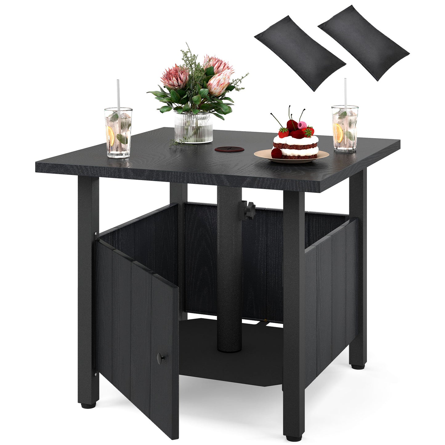 Outdoor Side Table with 4.8cm Umbrella Hole and 2 Sand Bags-Black