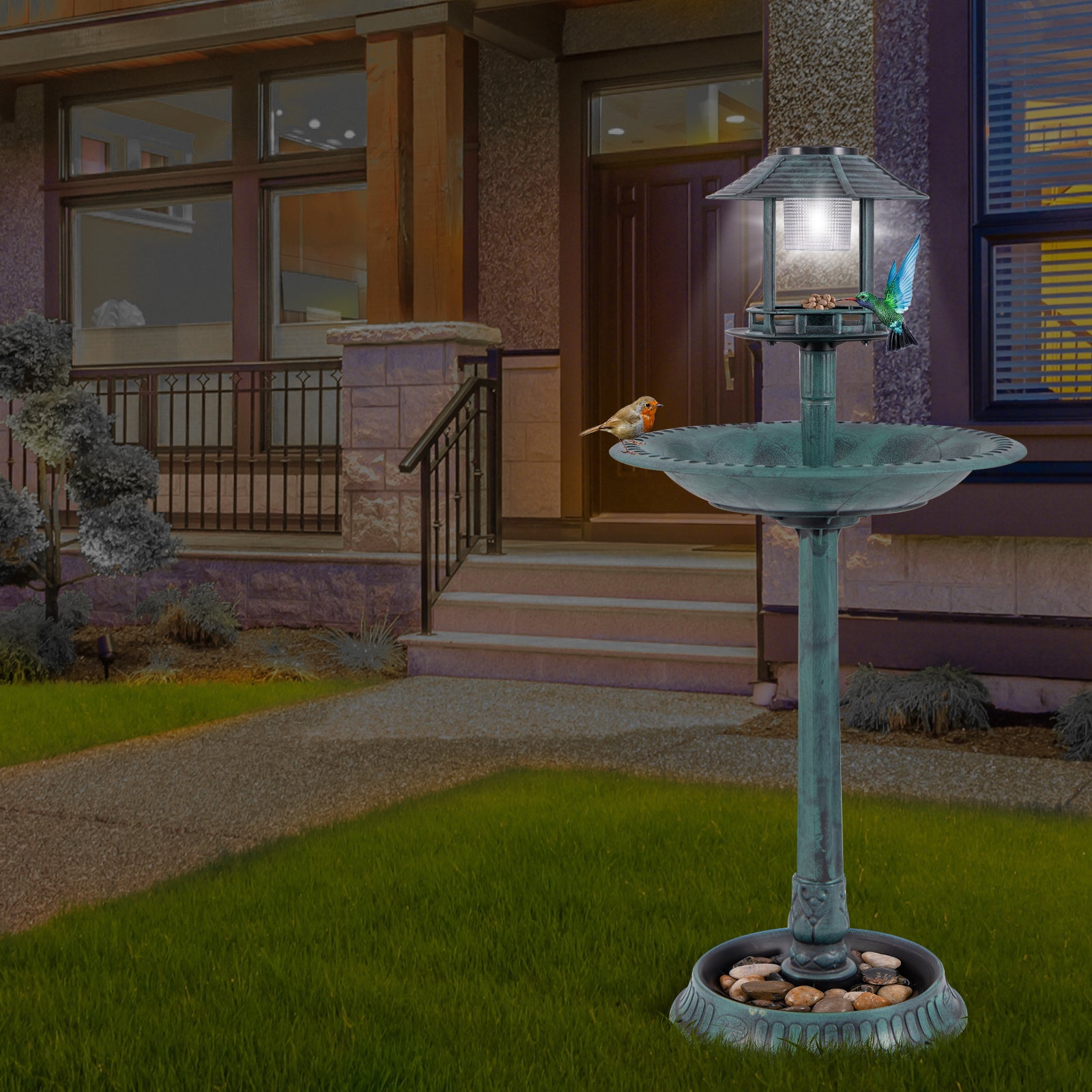 Outdoor Solar Lighted Bird Bath with Flower Planter Base-Bronze