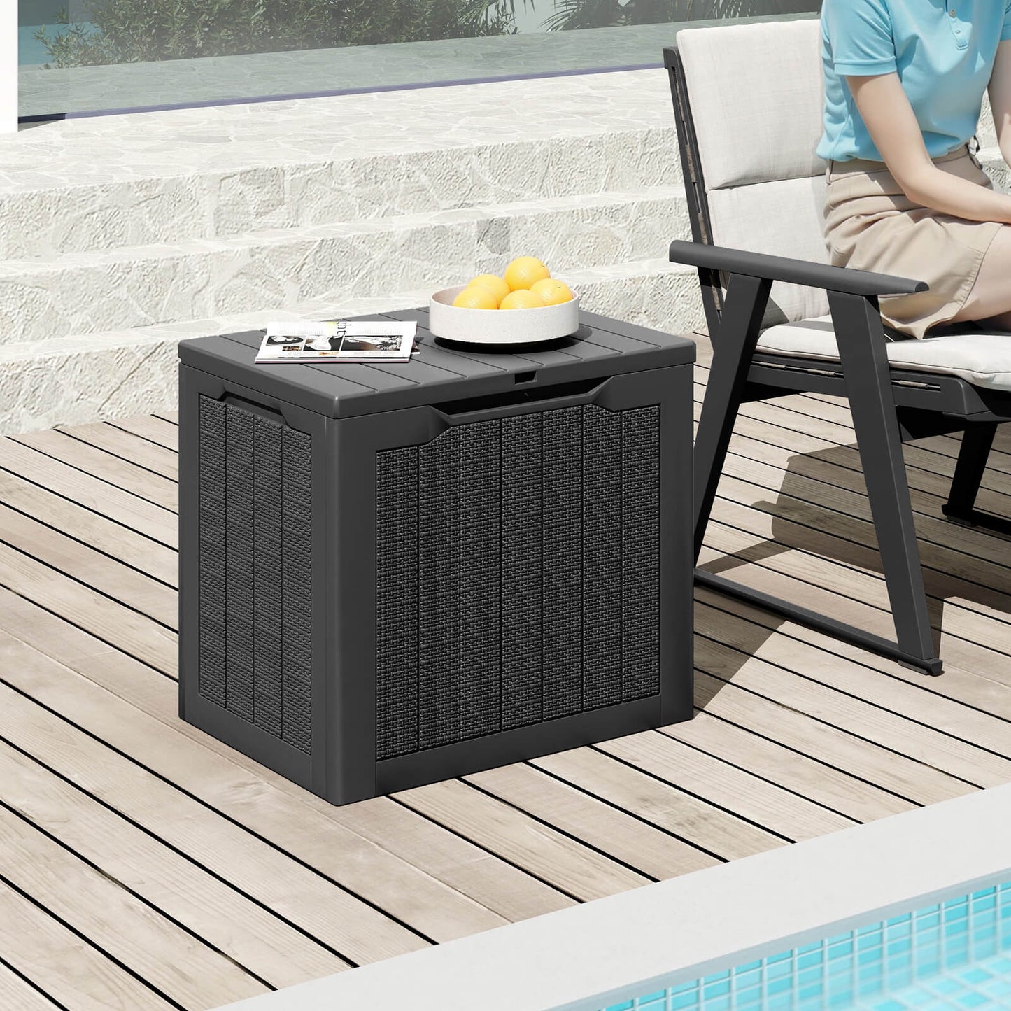96L Outdoor Storage Box with Lockable Lid and Wicker-woven Texture-Black