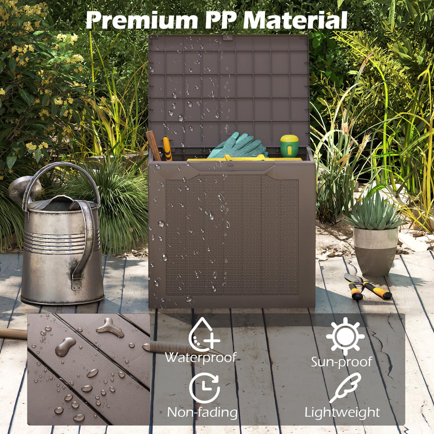 96L Outdoor Storage Box with Lockable Lid and Wicker-woven Texture-Brown