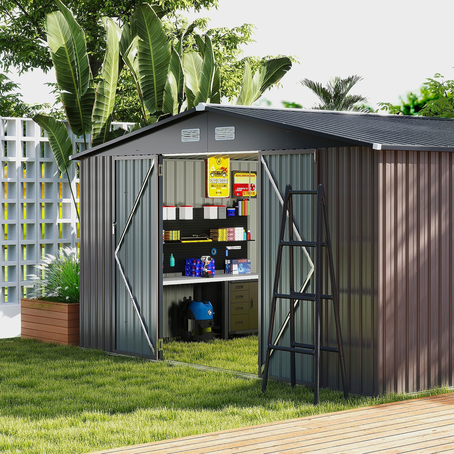Outdoor Storage Shed Large Utility Tool House with 4 Air Vents-Grey