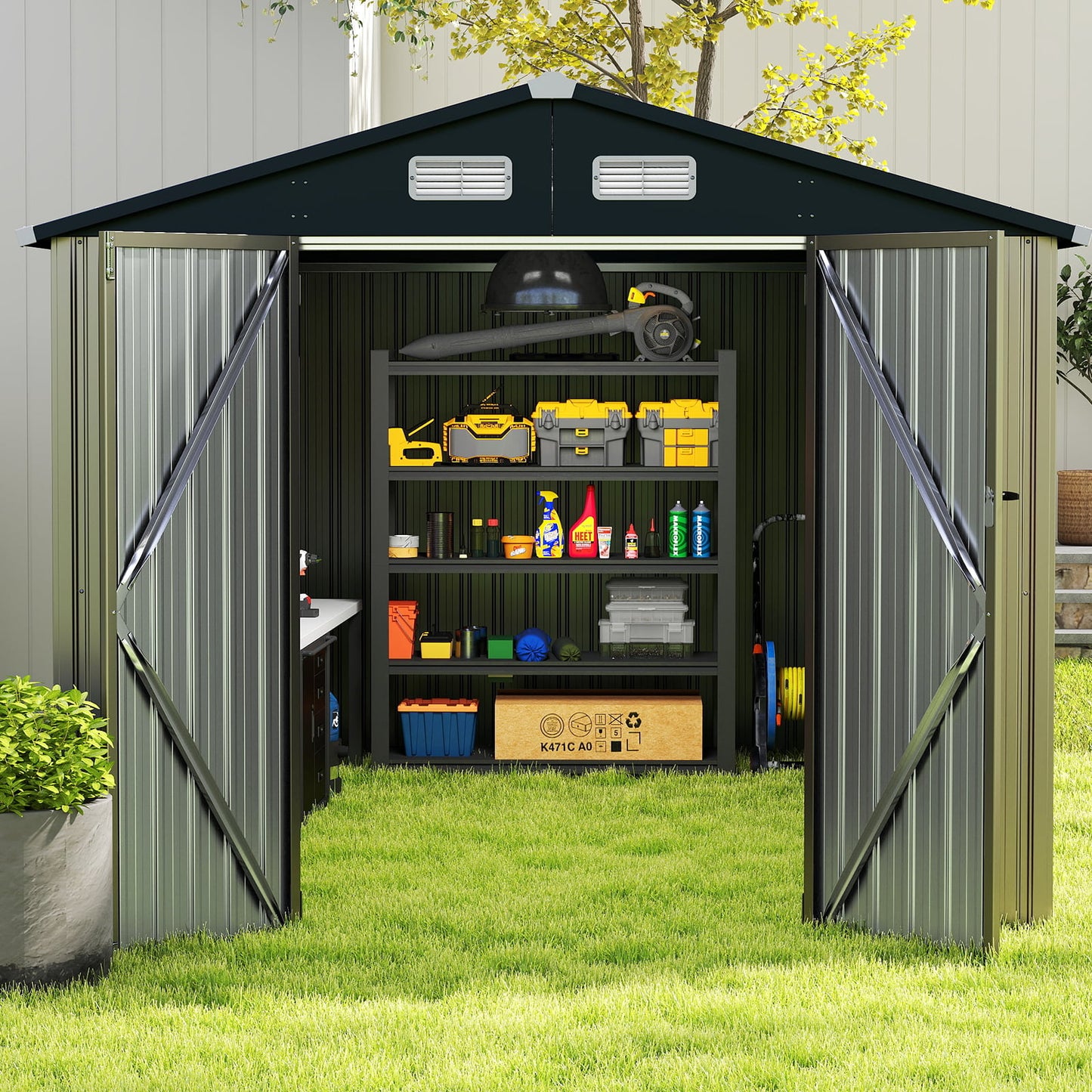 Outdoor Storage Shed Large Utility Tool House with Top Sloping Design-Grey