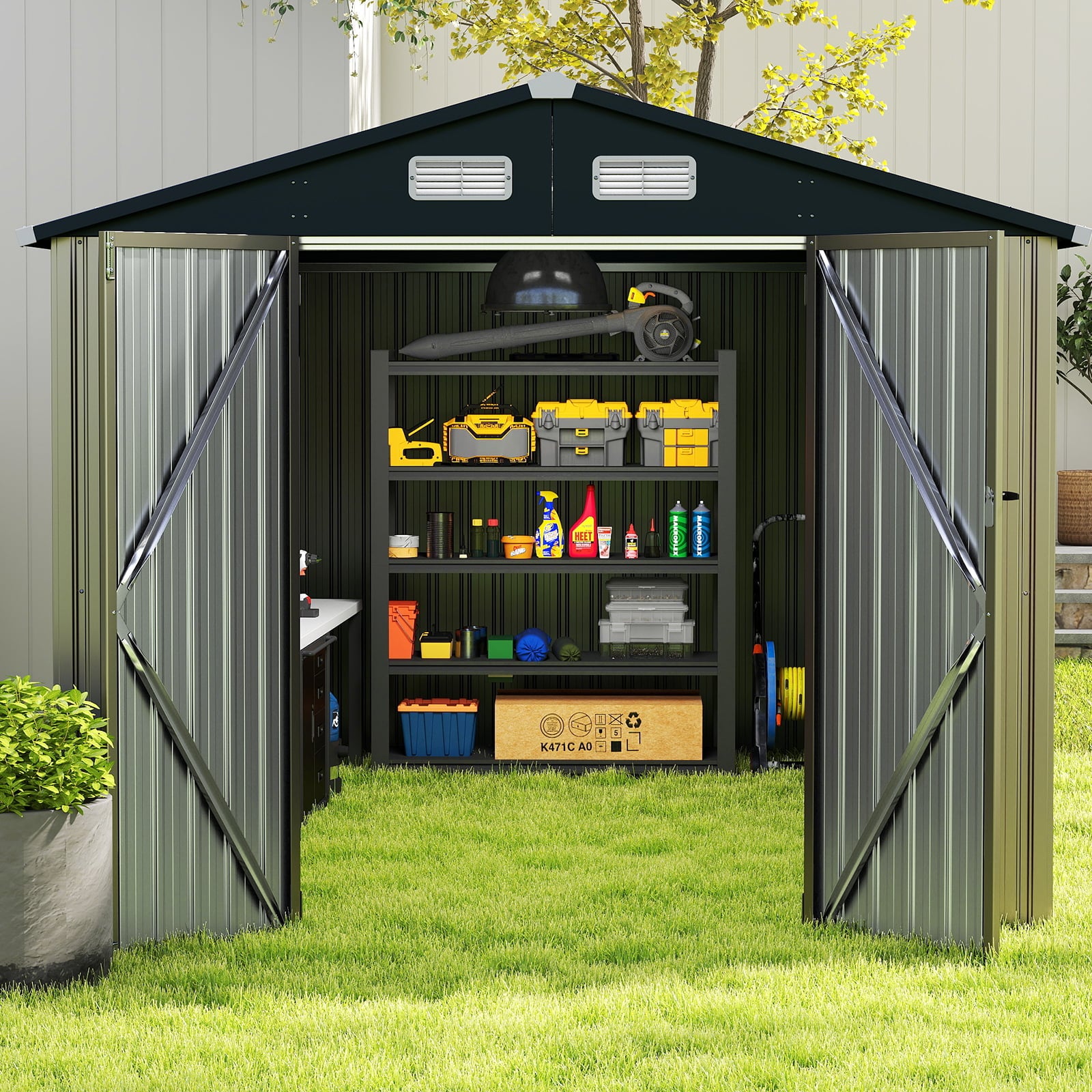 Outdoor Storage Shed Large Utility Tool House with Top Sloping Design-Grey