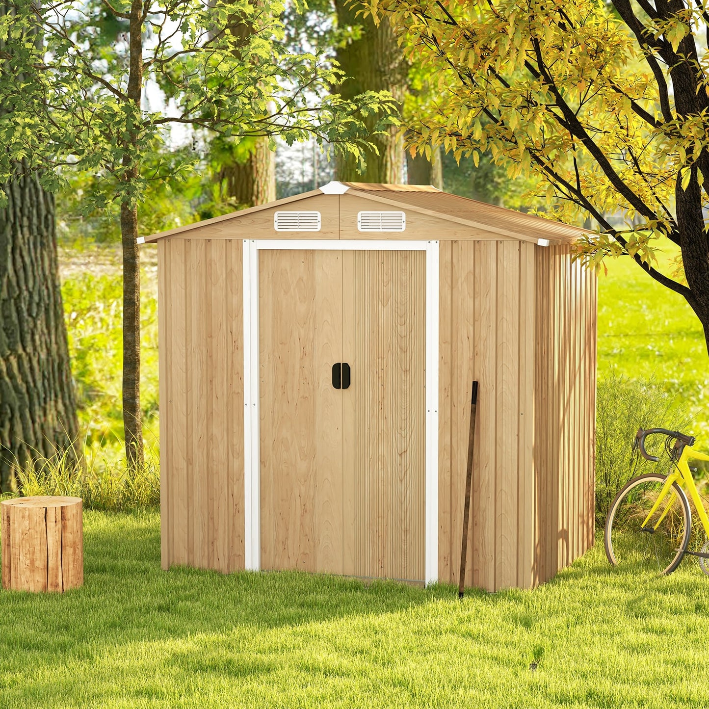 Outdoor Storage Shed with 4 Vents and Lockable Doors-Natural