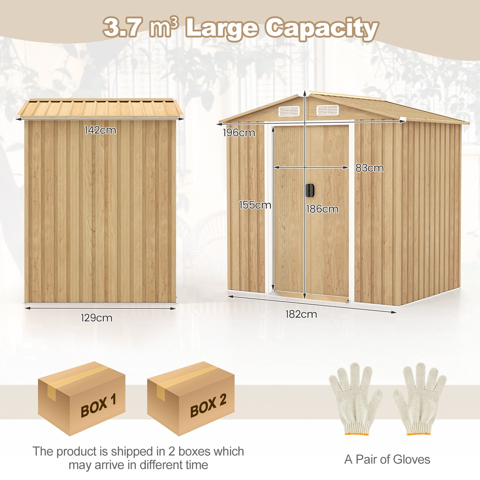 Outdoor Storage Shed with 4 Vents and Lockable Doors-Natural