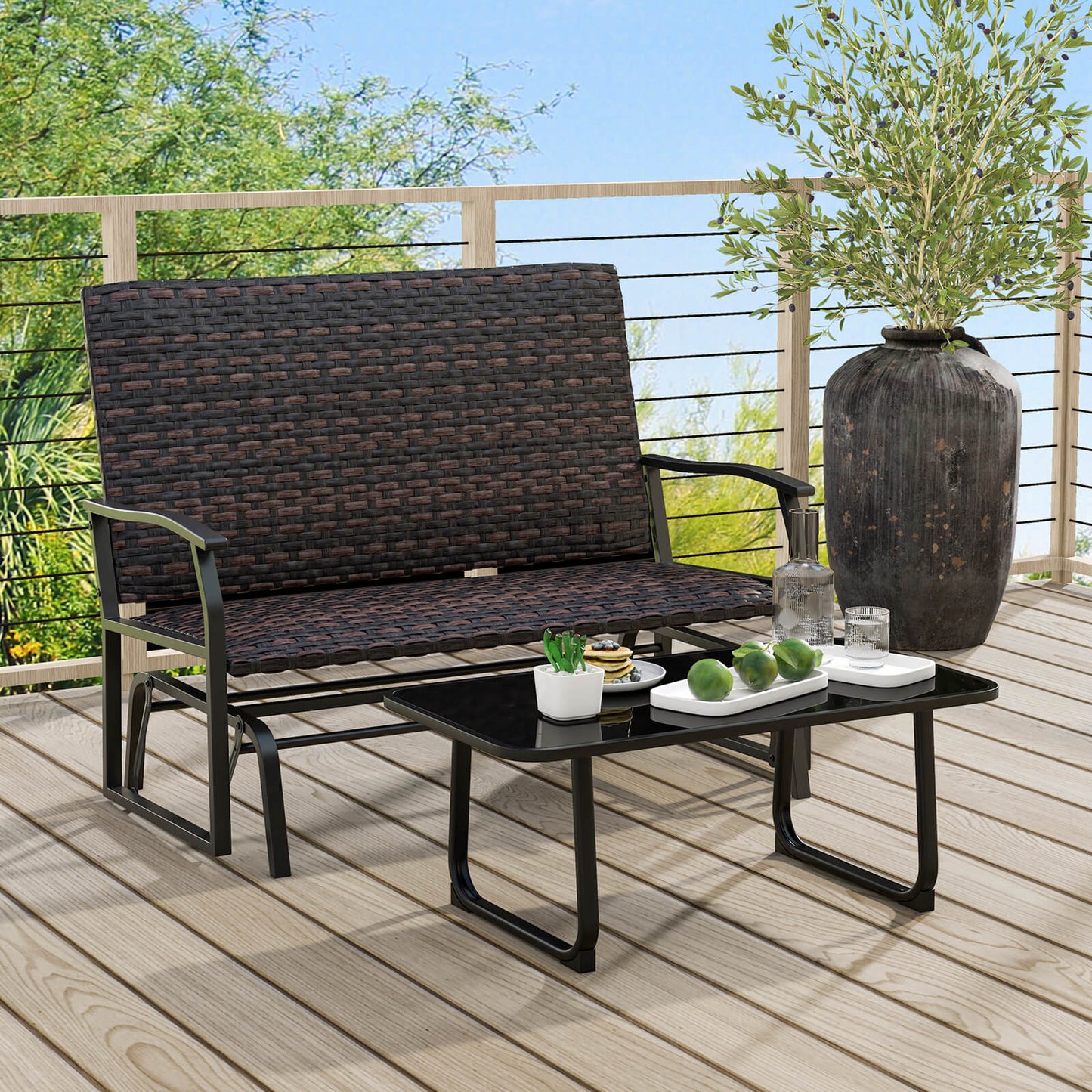 Outdoor Swing Glider Bench 2-Person Rattan Woven Glider Loveseat-Brown