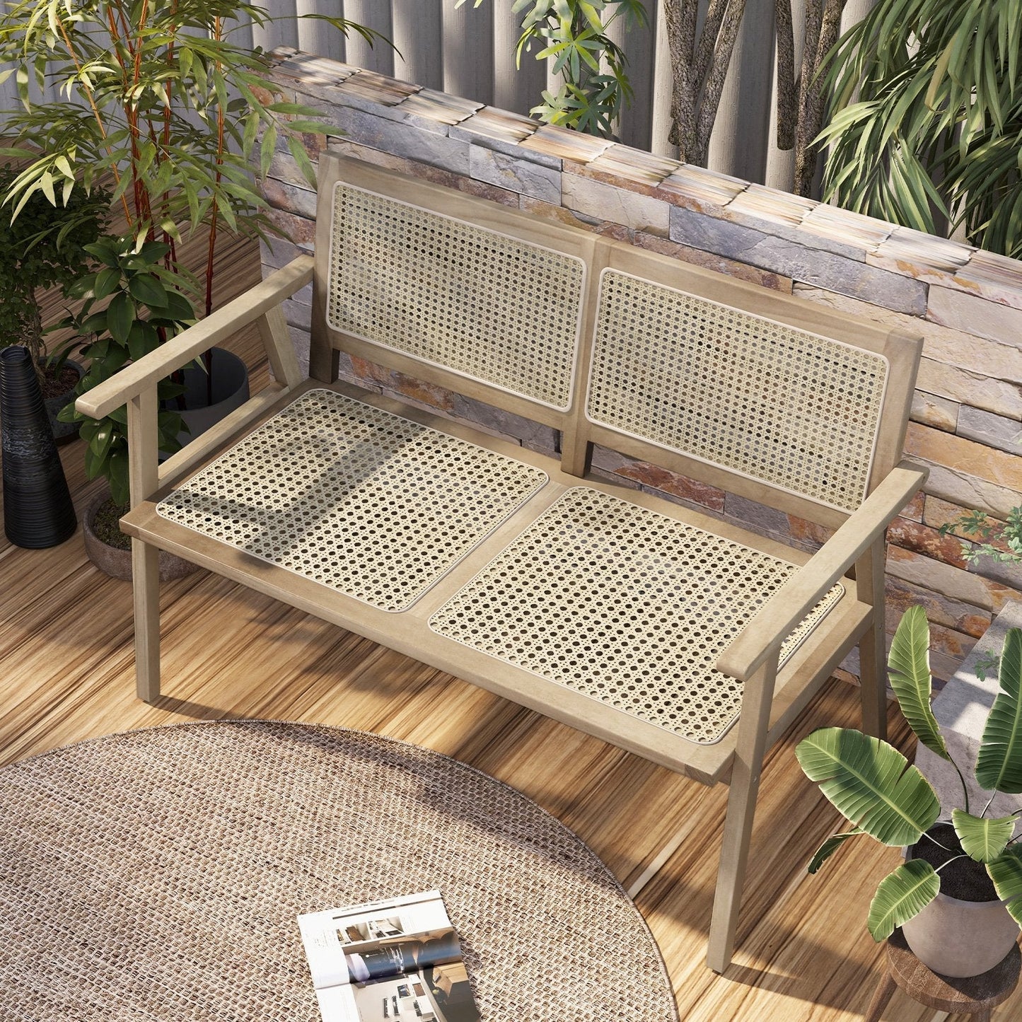 Outdoor Teak Wood Garden Bench with Armrests Rattan Backrest and Seat