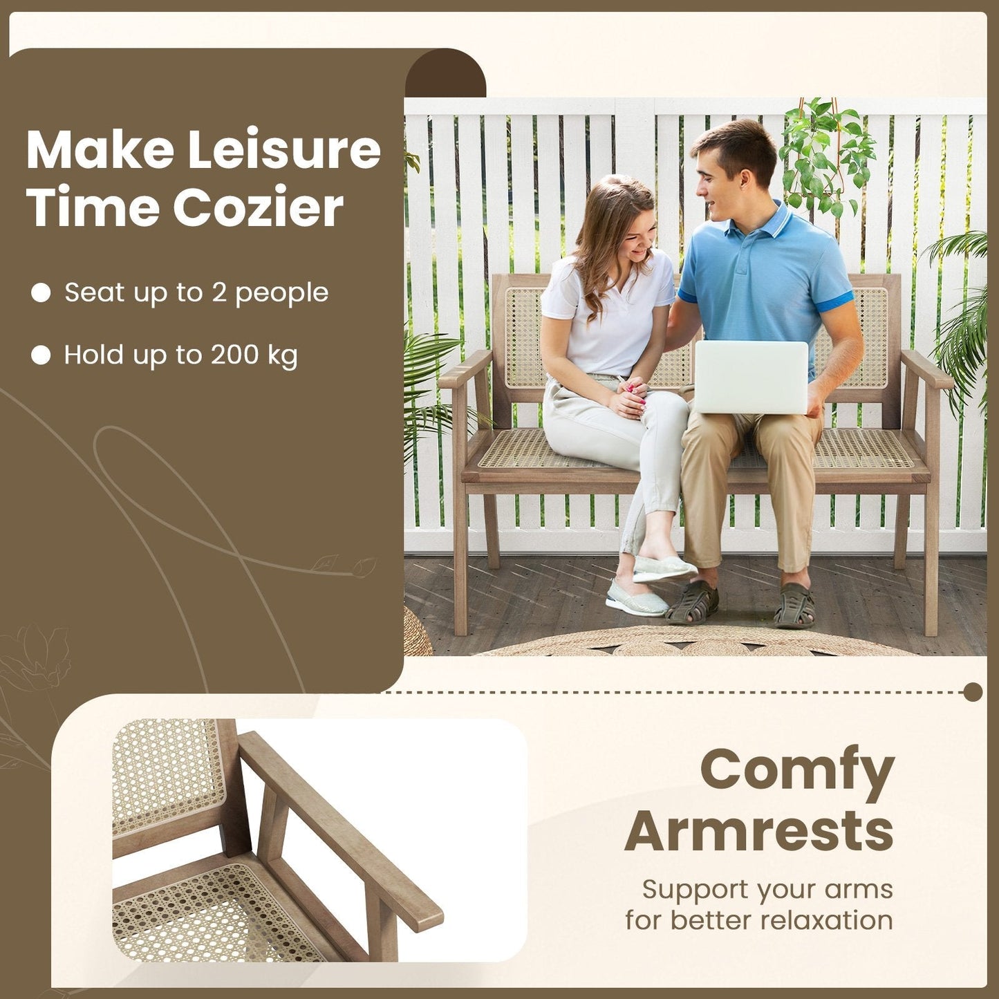 Outdoor Teak Wood Garden Bench with Armrests Rattan Backrest and Seat