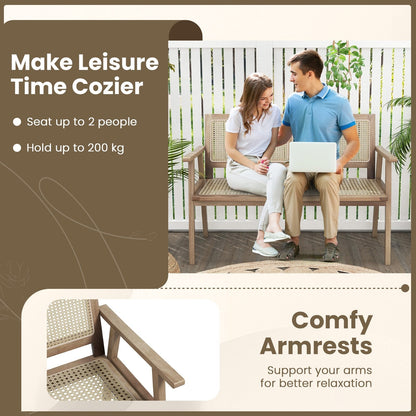 Outdoor Teak Wood Garden Bench with Armrests Rattan Backrest and Seat