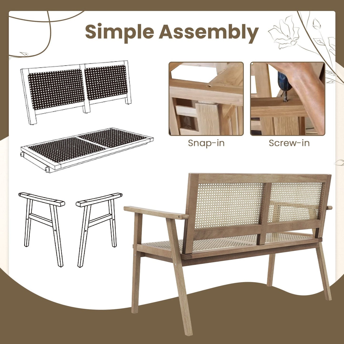 Outdoor Teak Wood Garden Bench with Armrests Rattan Backrest and Seat