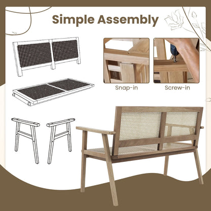 Outdoor Teak Wood Garden Bench with Armrests Rattan Backrest and Seat