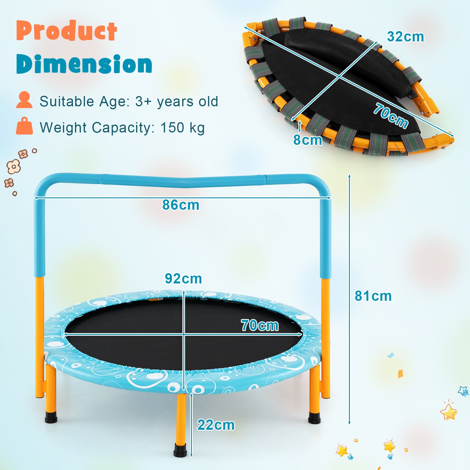 Child's Folding Outdoor Trampoline with Padded Edge Cover and Full Covered Handle-Orange
