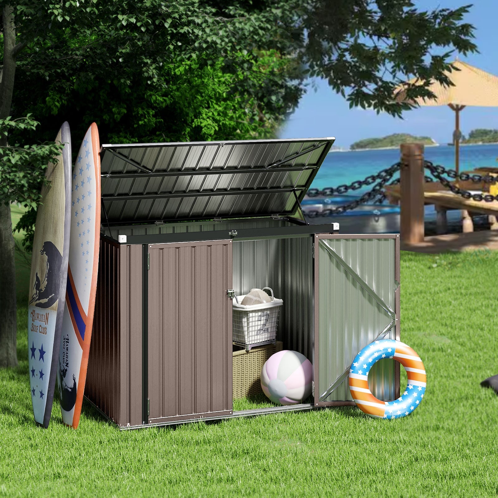 Outdoor Trash Can Storage Shed with Double Openings-Dark Grey