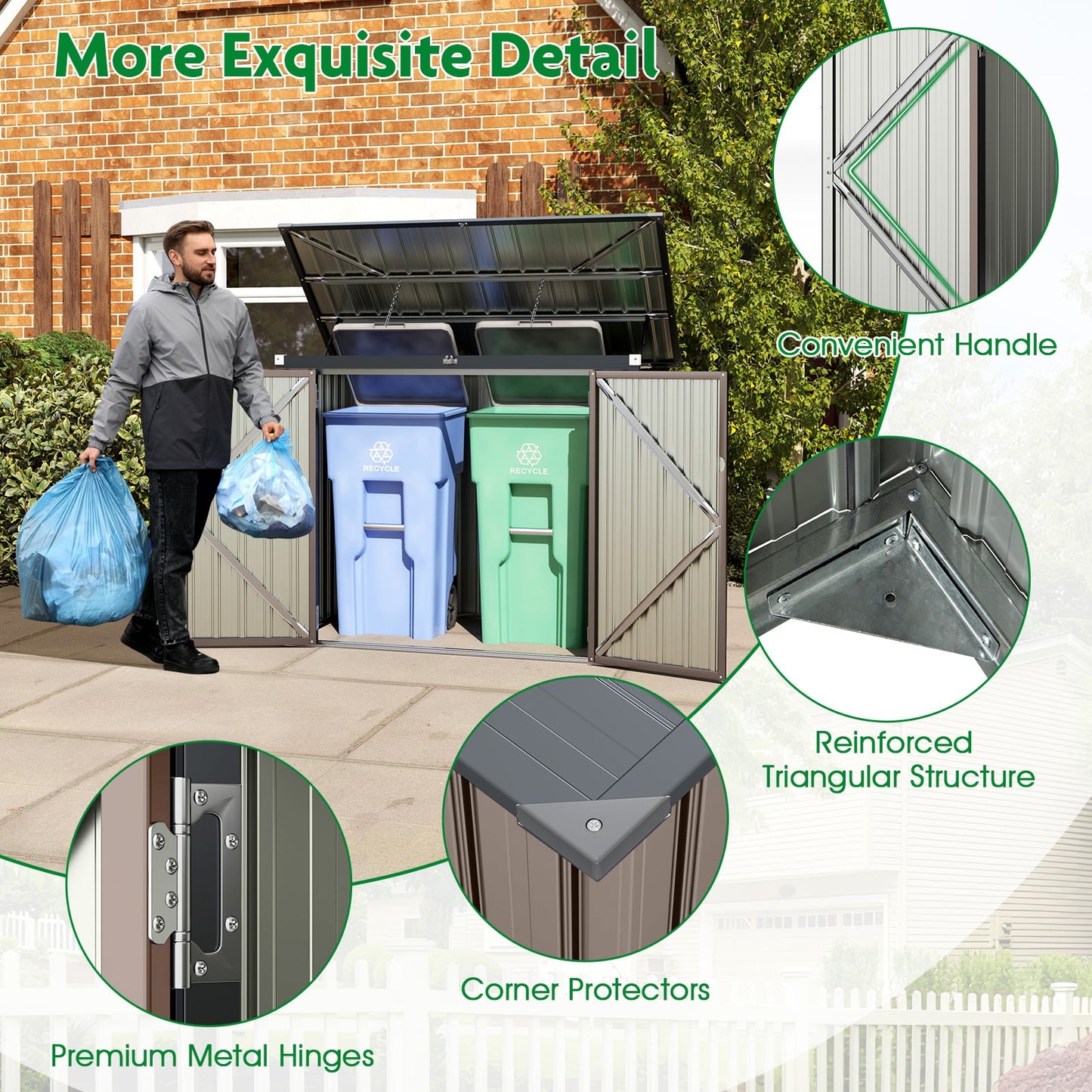 Outdoor Trash Can Storage Shed with Double Openings-Dark Grey