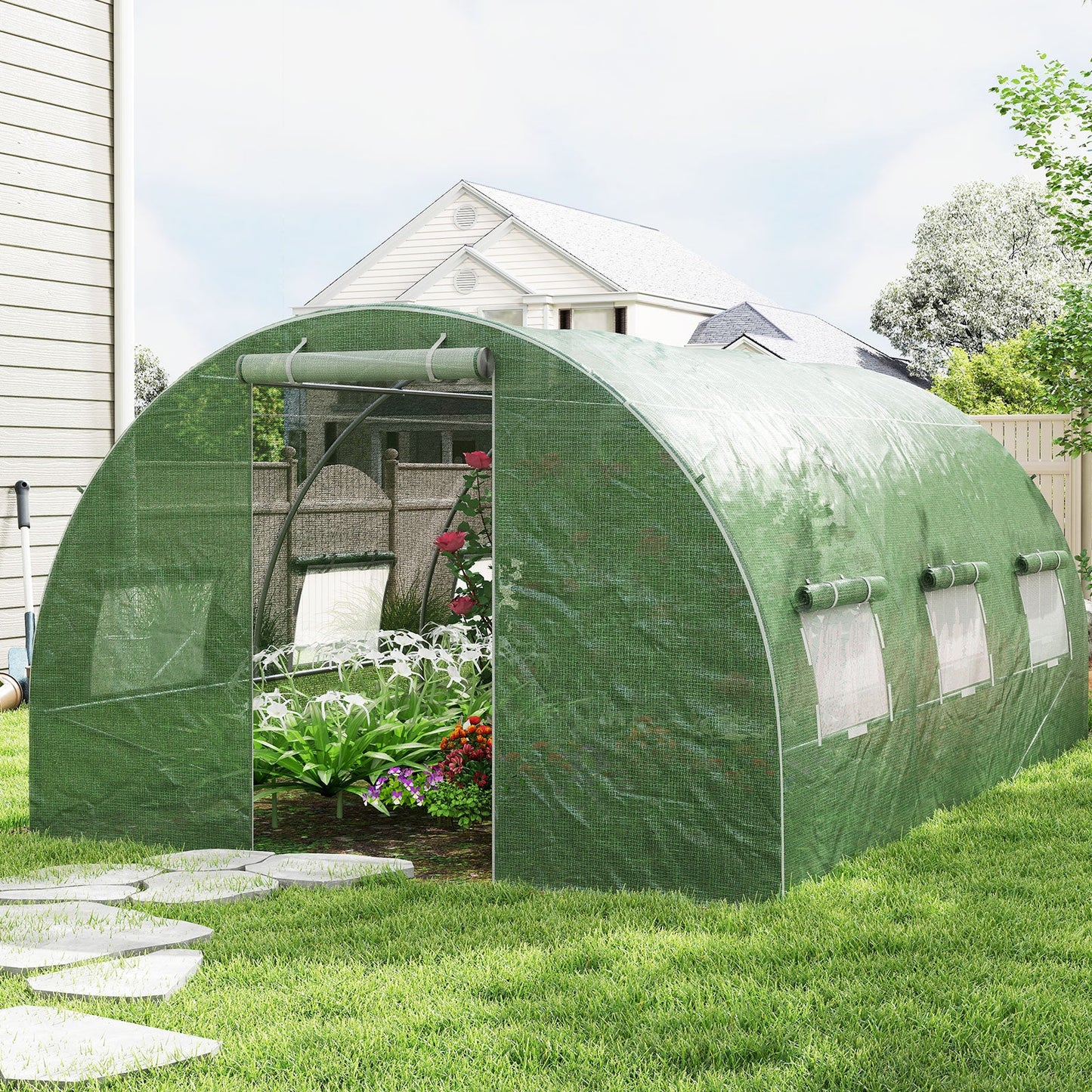 400 x 300 x 200 cm Outdoor Walk-in Tunnel Greenhouse 8 Roll-up Windows-Green