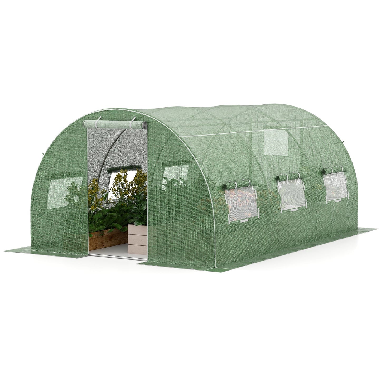 400 x 300 x 200 cm Outdoor Walk-in Tunnel Greenhouse 8 Roll-up Windows-Green